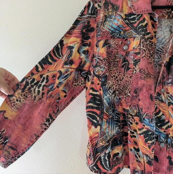 Vintage Chico's Design Colorful Animal Print Linen/Cotton Jacket sz XL Southwest - Picture 7 of 8